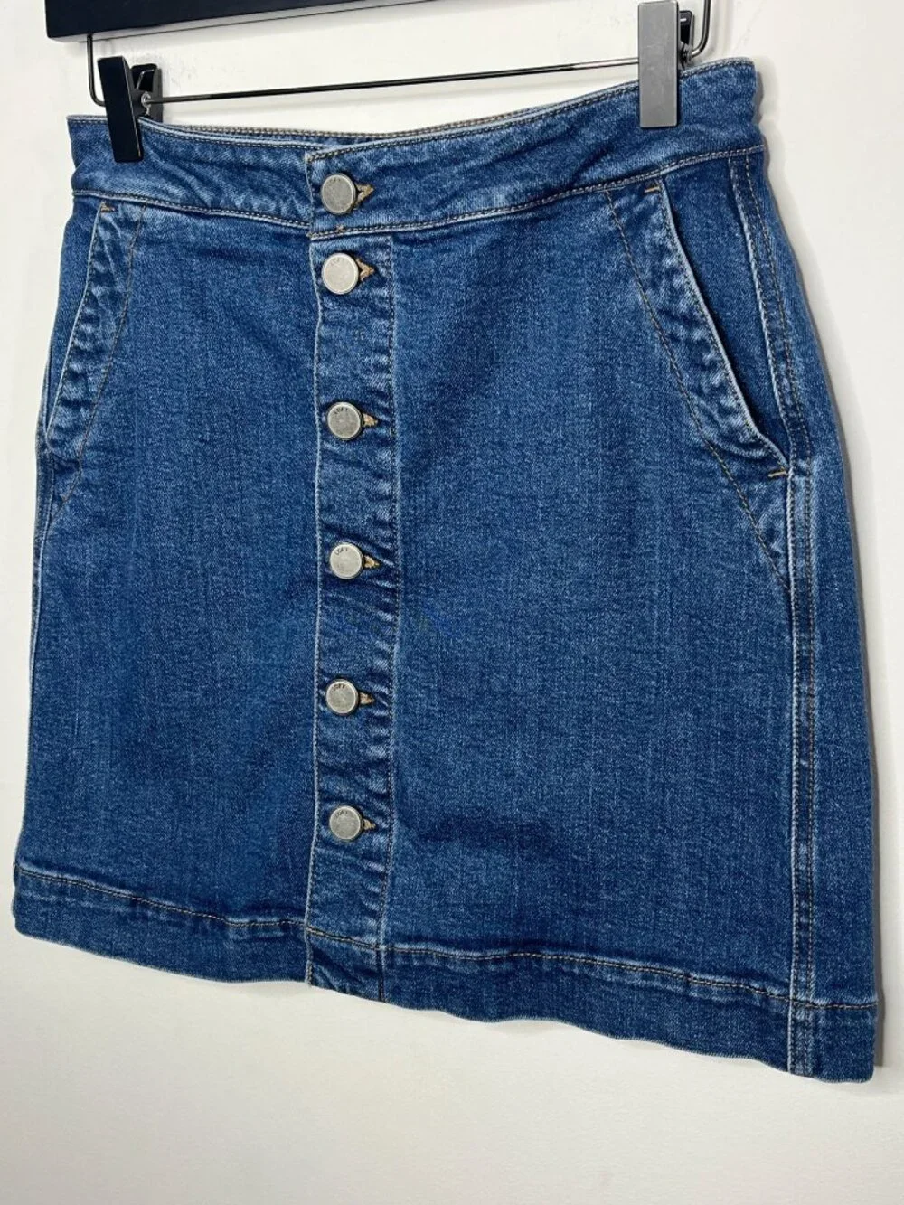 LOFT Denim Mini Skirt Womens 2 Blue Button Front Stretch Casual